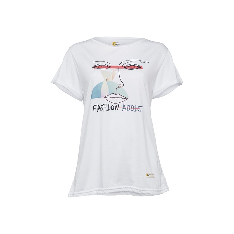 Faces Fashion Addict Women's T-Shirt, Custom Design, White Cotton T-shirt, Size L - Image 1