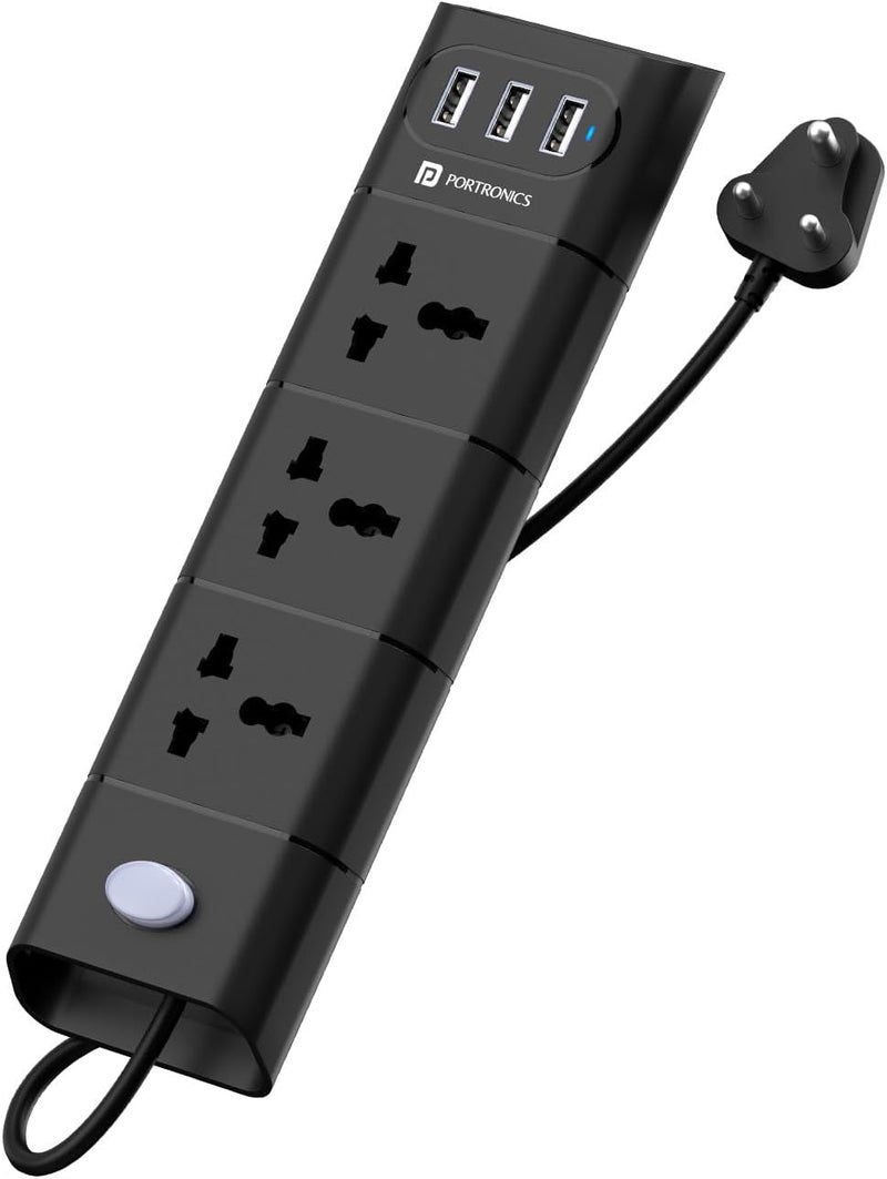 Portronics Power Plate II Extension Board - 1500W - 3 USB Ports, 3 Power Sockets, Overload Protection, Eco-Friendly, 2M Cord Length(Black) - Image 1
