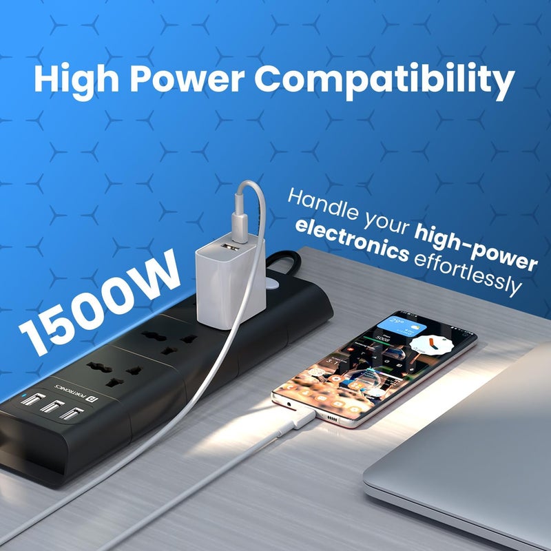 Portronics Power Plate II Extension Board - 1500W - 3 USB Ports, 3 Power Sockets, Overload Protection, Eco-Friendly, 2M Cord Length(Black) - Image 4