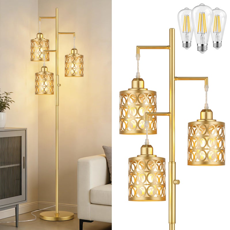 QiMH Gold Industrial Floor Lamps for Living Room, Modern Standing Lamp with Stepless Dimmable, 68" Tall Lamps for Bedroom Home Office, 3 LED Bulbs Included - Image 1