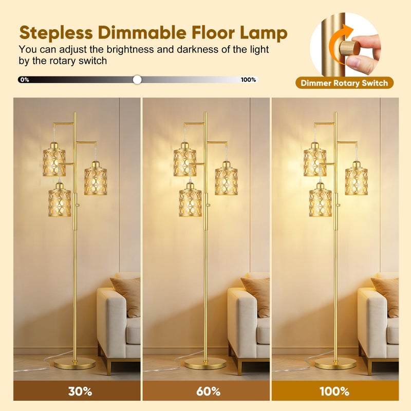 QiMH Gold Industrial Floor Lamps for Living Room, Modern Standing Lamp with Stepless Dimmable, 68" Tall Lamps for Bedroom Home Office, 3 LED Bulbs Included - Image 2