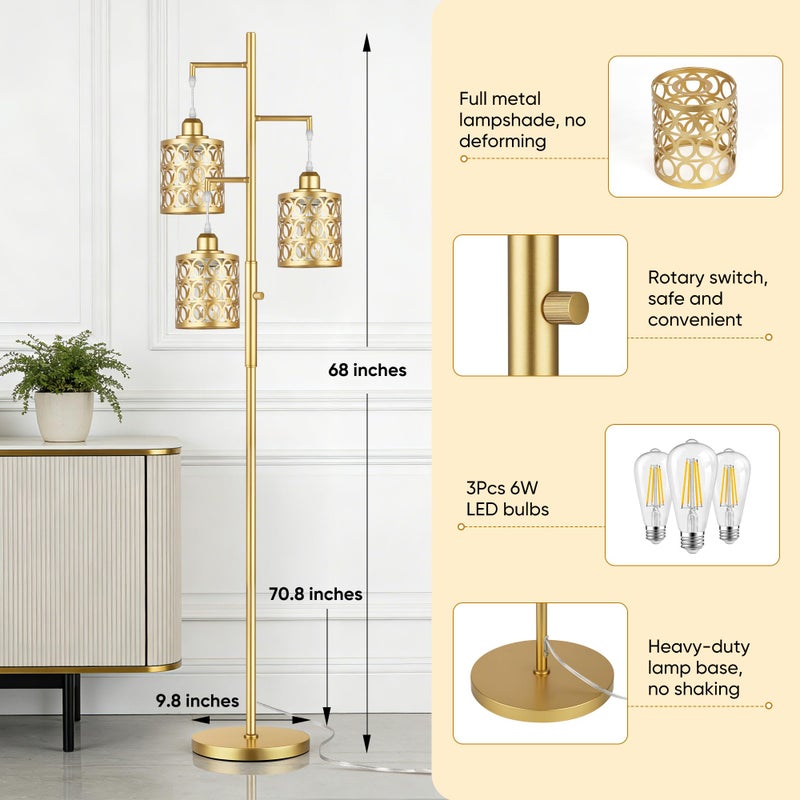 QiMH Gold Industrial Floor Lamps for Living Room, Modern Standing Lamp with Stepless Dimmable, 68" Tall Lamps for Bedroom Home Office, 3 LED Bulbs Included - Image 5