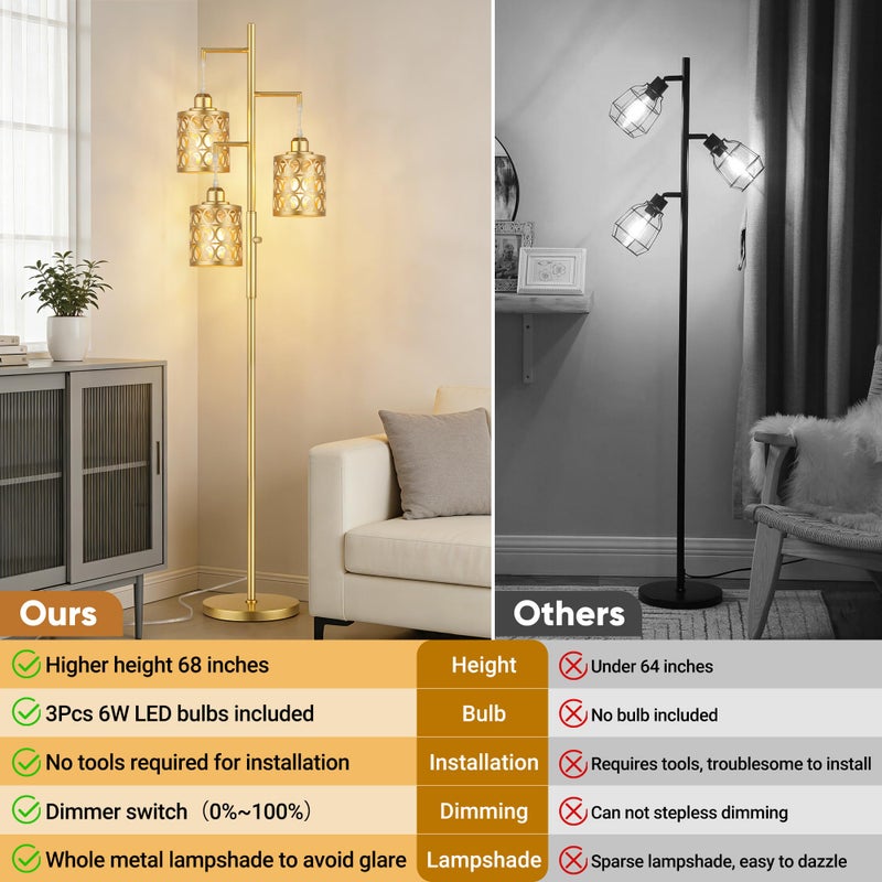 QiMH Gold Industrial Floor Lamps for Living Room, Modern Standing Lamp with Stepless Dimmable, 68" Tall Lamps for Bedroom Home Office, 3 LED Bulbs Included - Image 3