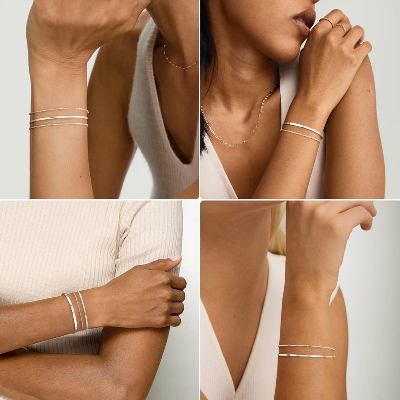 WomenGifts Silver Dainty Bracelets for Women,Sterling Silver Stackable Thin Bracelet Set Box Link, Paperclip, Herringbone, Sparkling Chain, Bangle Cuff, Adjustable Minimalist Waterproof Jewelry Gifts for Women - Image 3