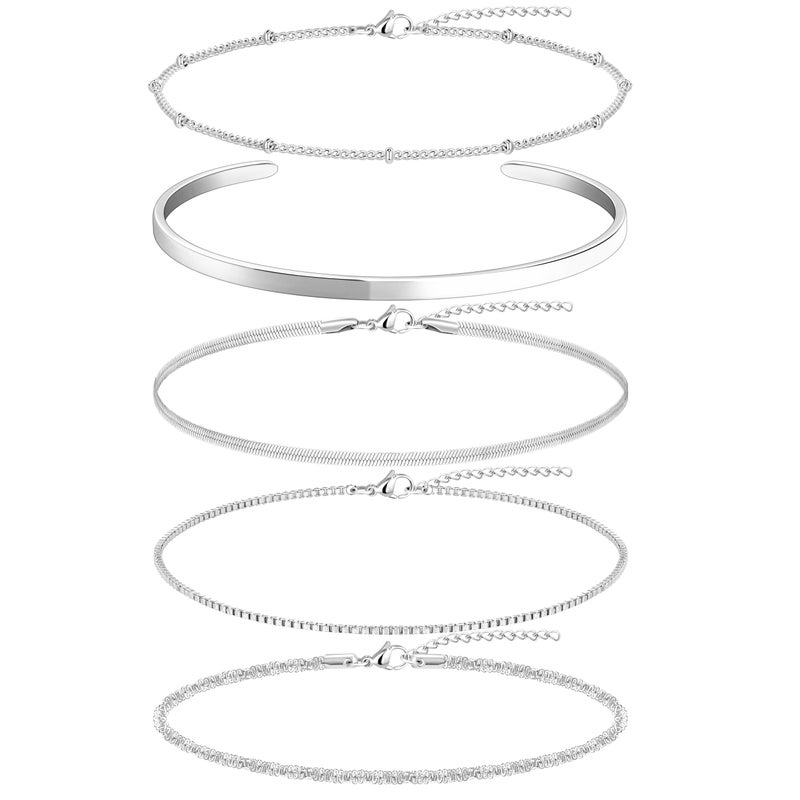 WomenGifts Silver Dainty Bracelets for Women,Sterling Silver Stackable Thin Bracelet Set Box Link, Paperclip, Herringbone, Sparkling Chain, Bangle Cuff, Adjustable Minimalist Waterproof Jewelry Gifts for Women - Image 1