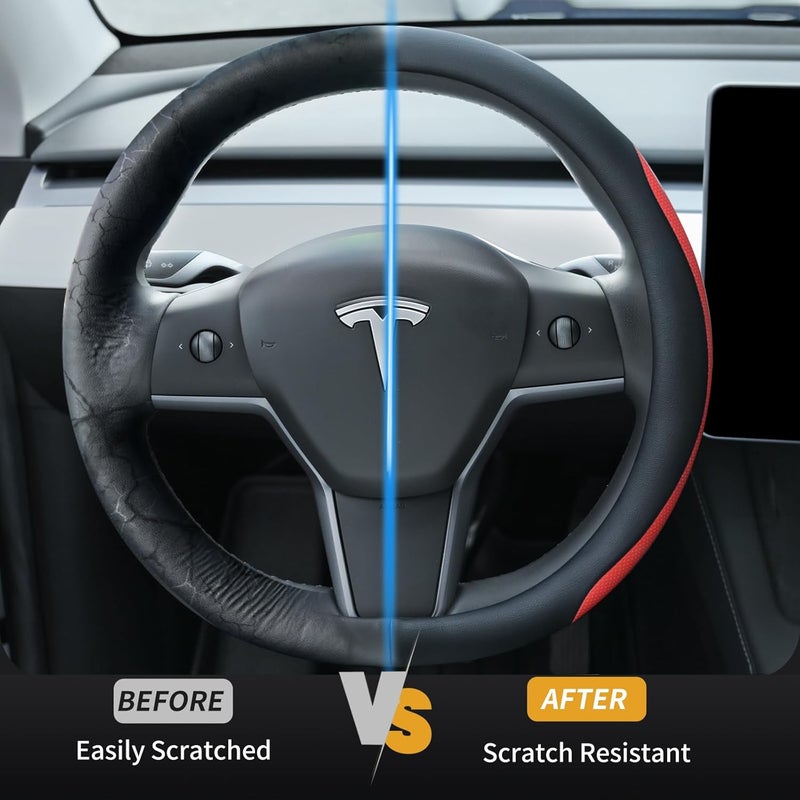 Uxcer غطاء عجلة قيادة من جلد نابا من شركة Uxcer لسيارات Tesla Model 3/Y للفترة 2016-2025، مانع للانزلاق وقابل للتنفس، لون أحمر - Image 4