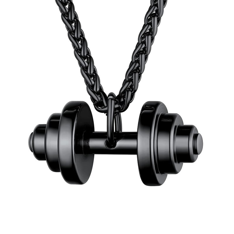 U7 Men Ion Plating Black Stainless Steel Gym Sport Barbell Pendant Dumbbell Necklace - Image 1