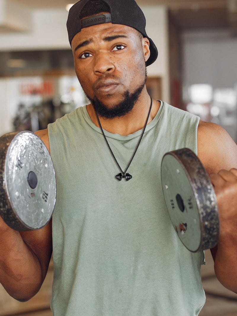 U7 Men Ion Plating Black Stainless Steel Gym Sport Barbell Pendant Dumbbell Necklace - Image 3