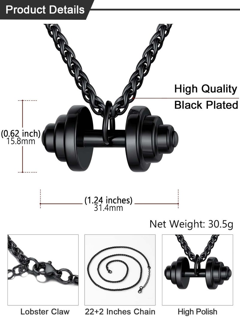 U7 Men Ion Plating Black Stainless Steel Gym Sport Barbell Pendant Dumbbell Necklace - Image 4