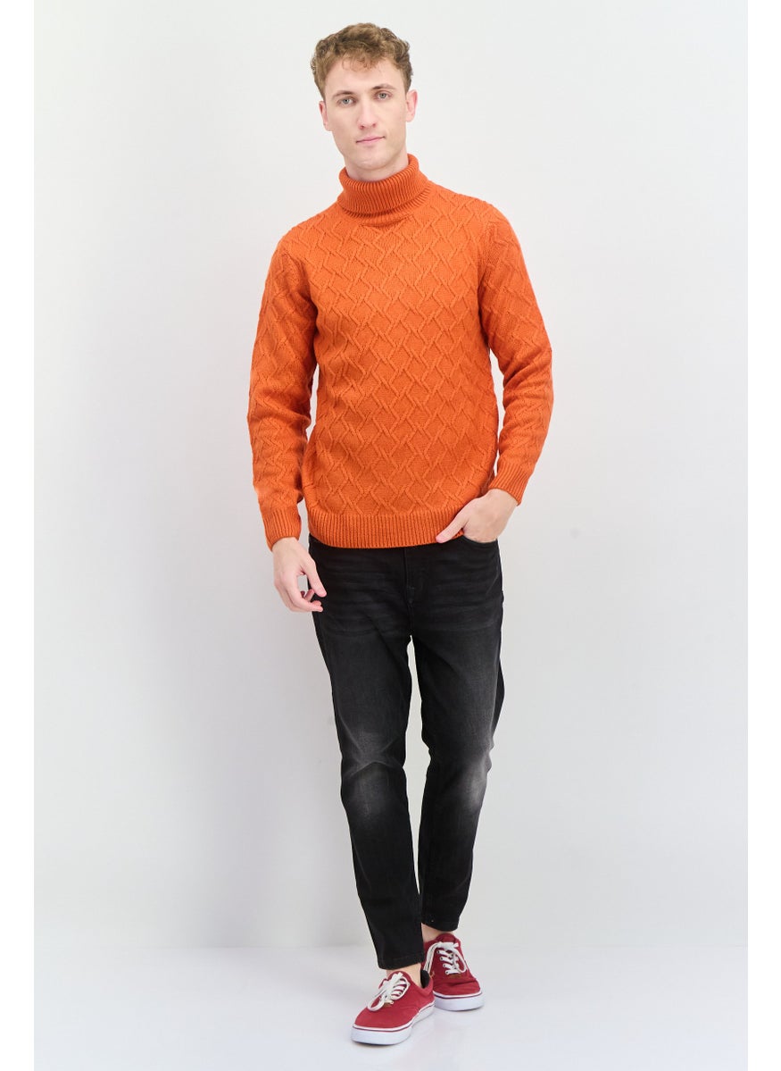 Sorbino - Men Funnel Neck Pointelle Sweater, Orange - Image 1