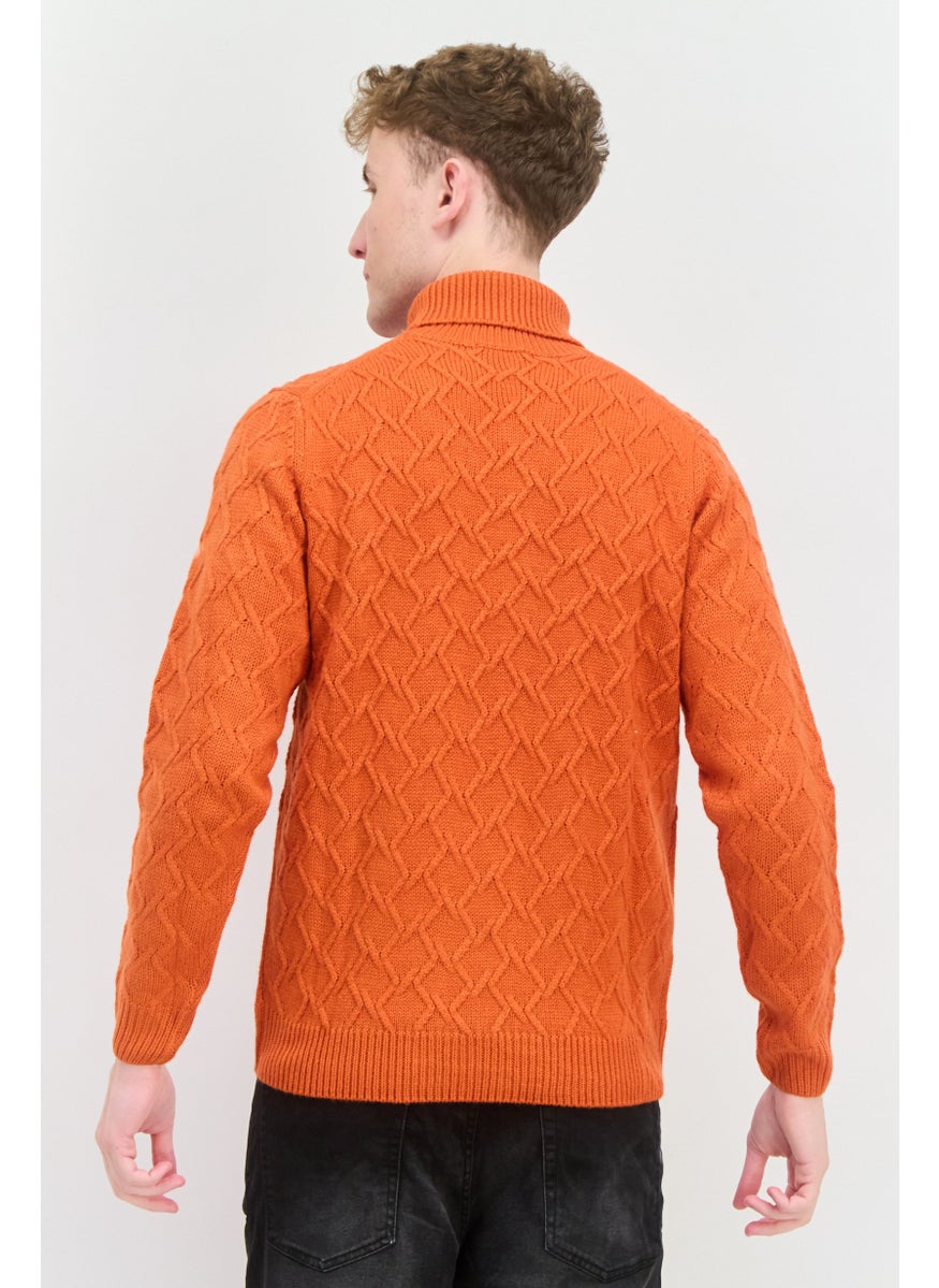 Sorbino - Men Funnel Neck Pointelle Sweater, Orange - Image 1