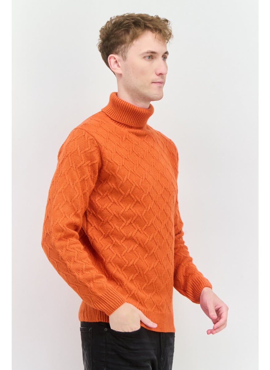 Sorbino - Men Funnel Neck Pointelle Sweater, Orange - Image 1