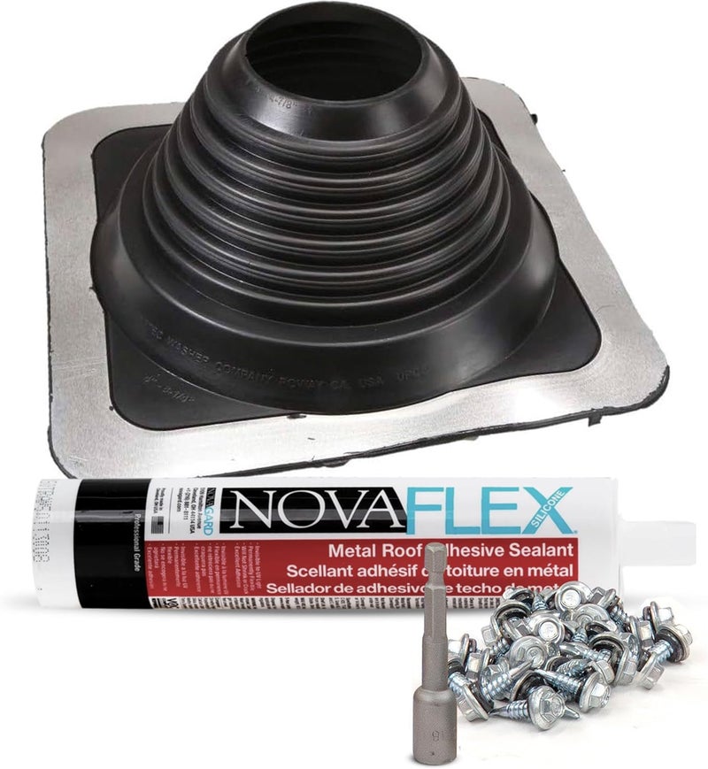 Fasteners Plus Store #5 Square EPDM Metal Roof Pipe Flashing Boot Kit - Fits 4" - 8-1/4" Pipe OD - Includes Flashing, NovaFlex Sealant & Roofing Stitch Screws - Black (Made in USA) - Image 1