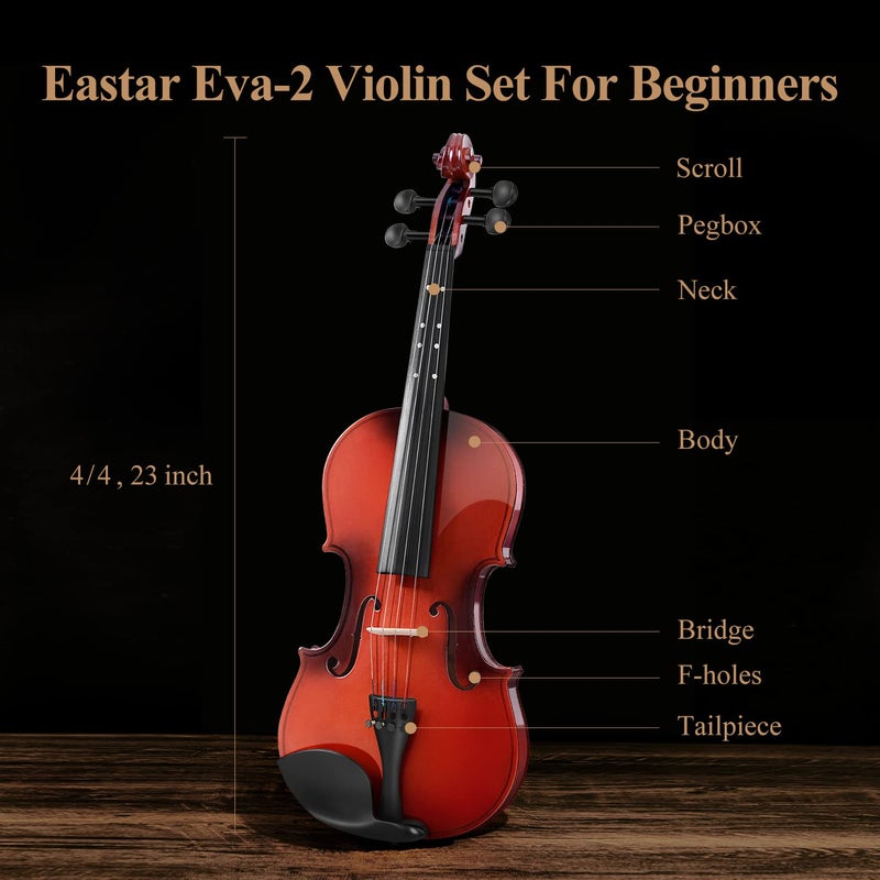 Eastar Violin 4/4 Full Size for Adults, Violin Set for Beginners with Hard Case, Rosin, Shoulder Rest, Bow, and Extra Strings (Imprinted Finger Guide on Fingerboard), EVA-2 - Image 5