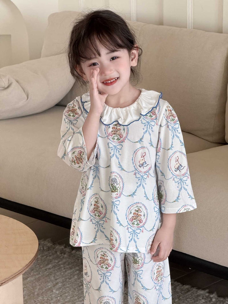 Girls Pajama Set with Floral Trim Collar Kids Homewear Sleepwear for Children - Image 1