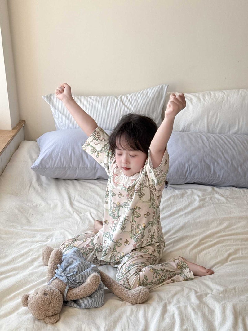 Girls Pajama Set with Floral Trim Collar Kids Homewear Sleepwear for Children - Image 5