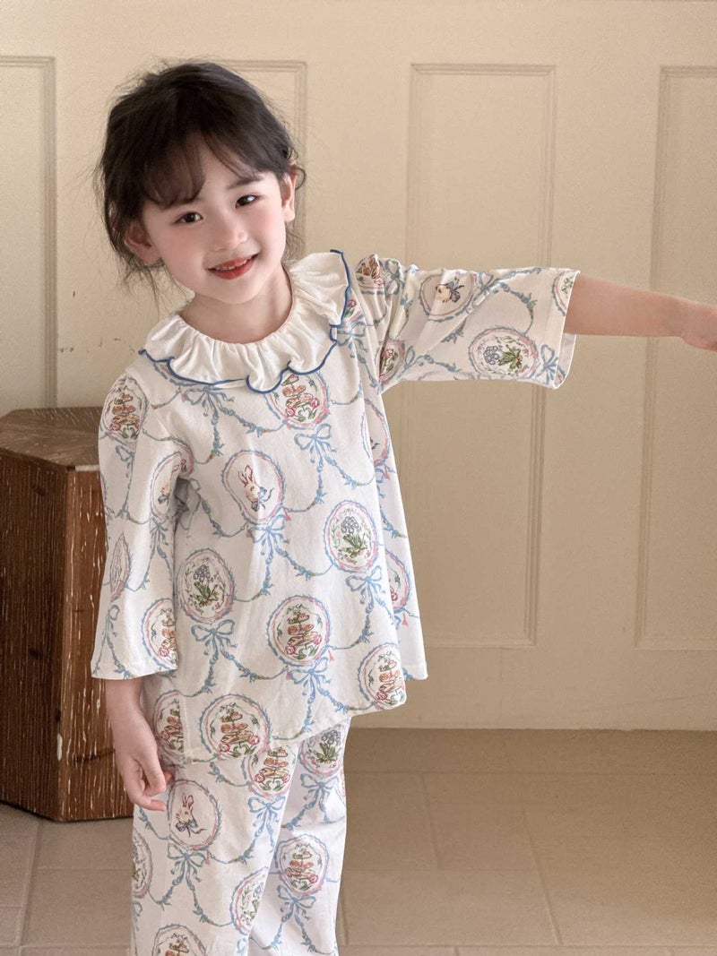Girls Pajama Set with Floral Trim Collar Kids Homewear Sleepwear for Children - Image 3