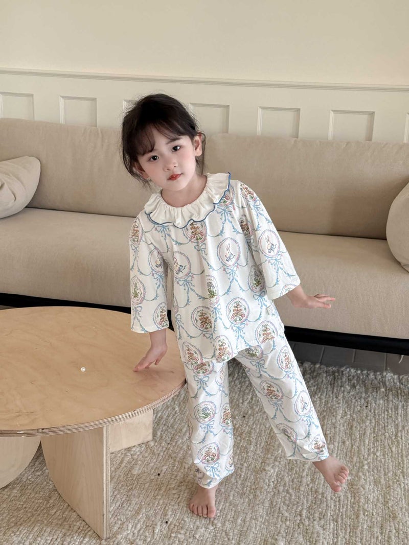 Girls Pajama Set with Floral Trim Collar Kids Homewear Sleepwear for Children - Image 4