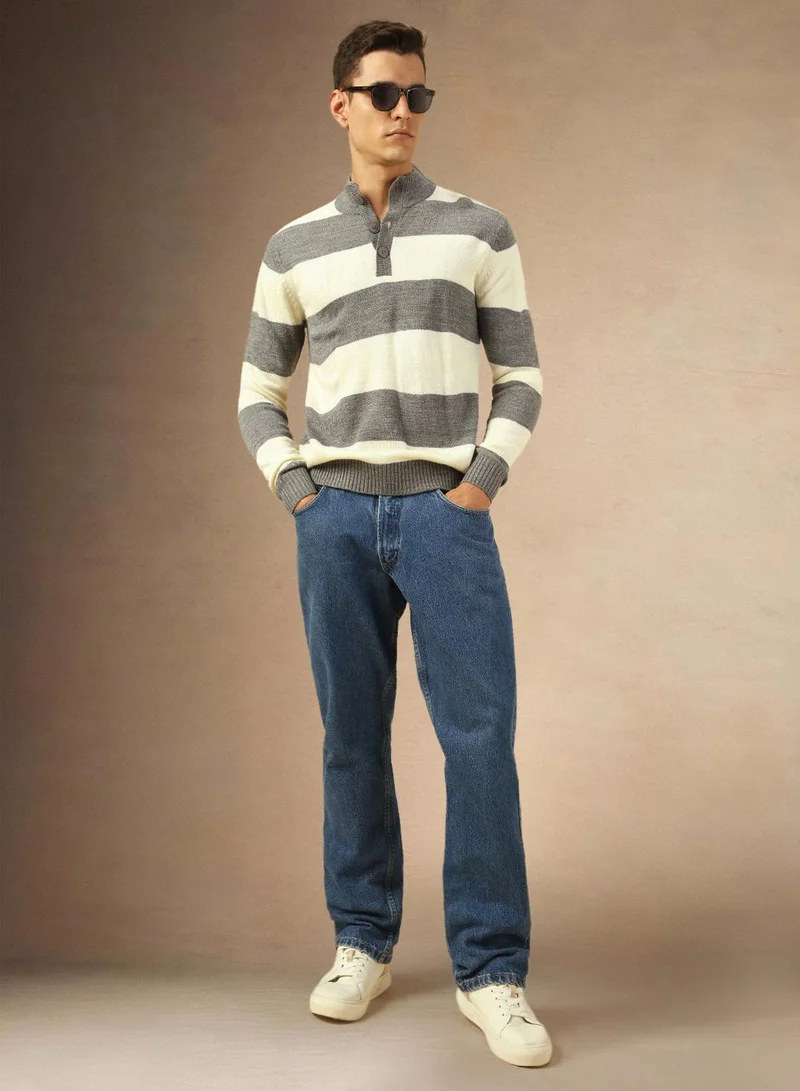Dennis Lingo Men's Grey Melange 100% Acrylic Striped Regular Fit Sweater