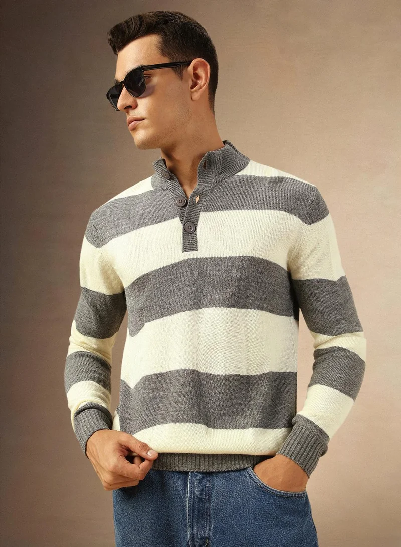 Dennis Lingo Men's Grey Melange 100% Acrylic Striped Regular Fit Sweater