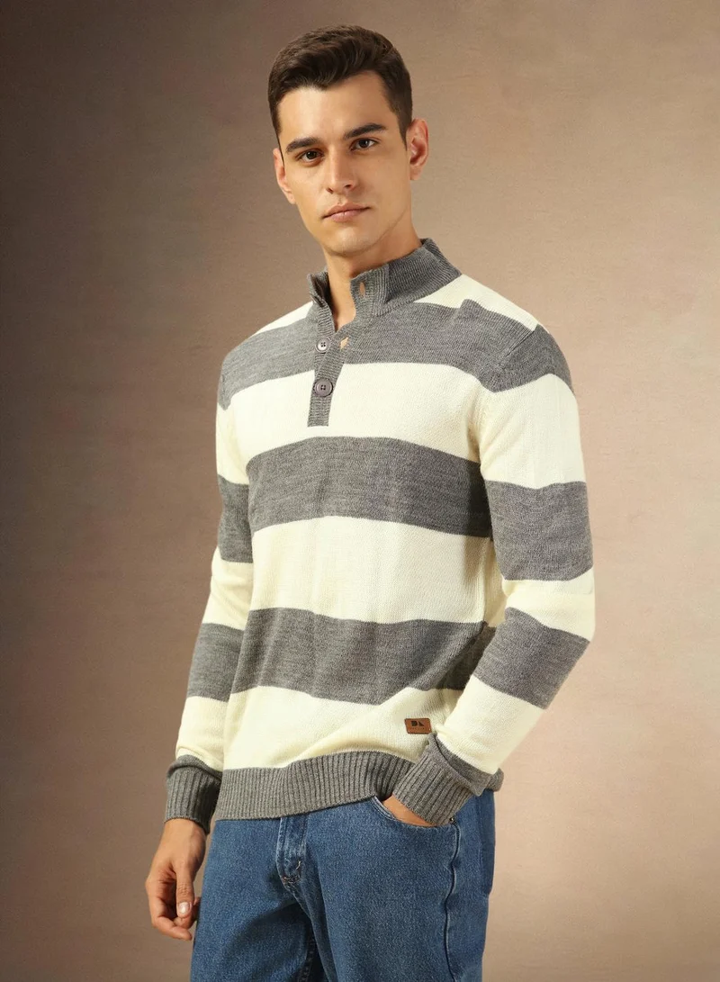 Dennis Lingo Men's Grey Melange 100% Acrylic Striped Regular Fit Sweater