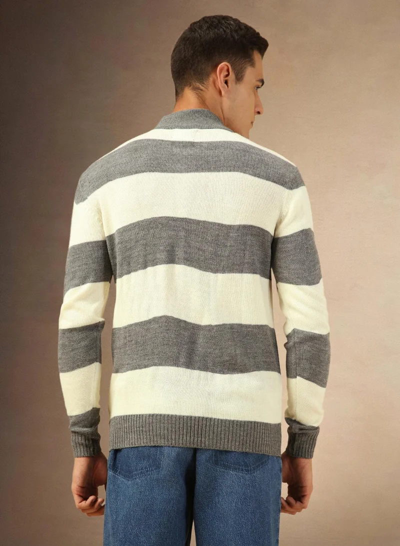 Dennis Lingo Men's Grey Melange 100% Acrylic Striped Regular Fit Sweater