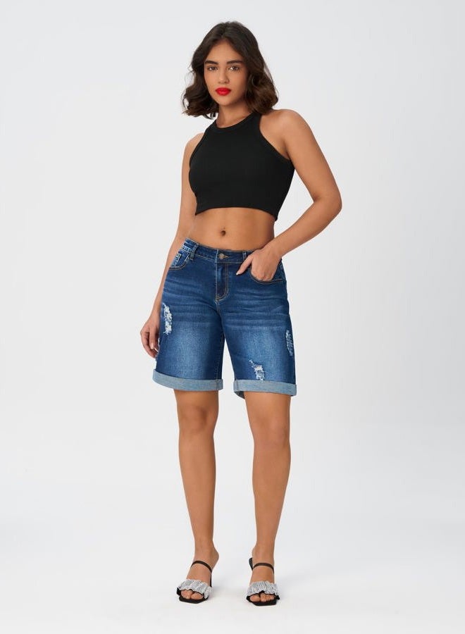 roswear Women's Wide Leg High Waisted Stretchy Ripped Cuffed Denim Jeans Shorts, Light Blue, L - Image 2