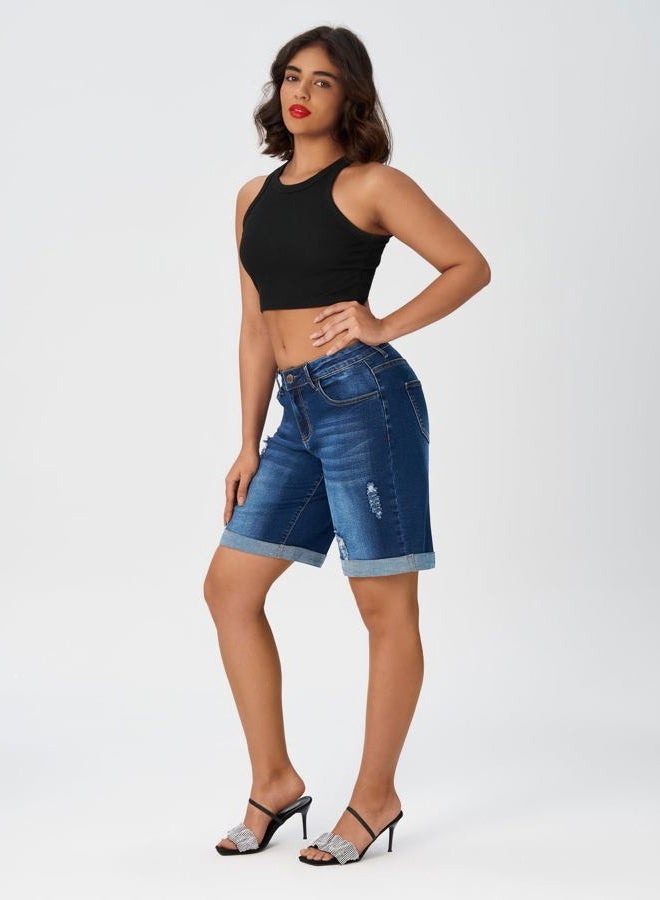 roswear Women's Wide Leg High Waisted Stretchy Ripped Cuffed Denim Jeans Shorts, Light Blue, L - Image 3