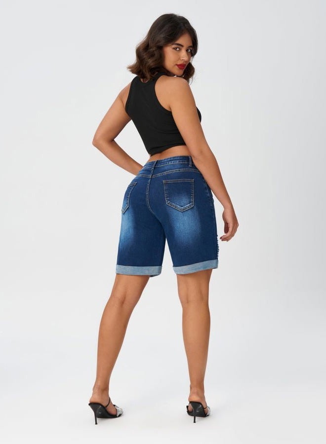 roswear Women's Wide Leg High Waisted Stretchy Ripped Cuffed Denim Jeans Shorts, Light Blue, L - Image 4