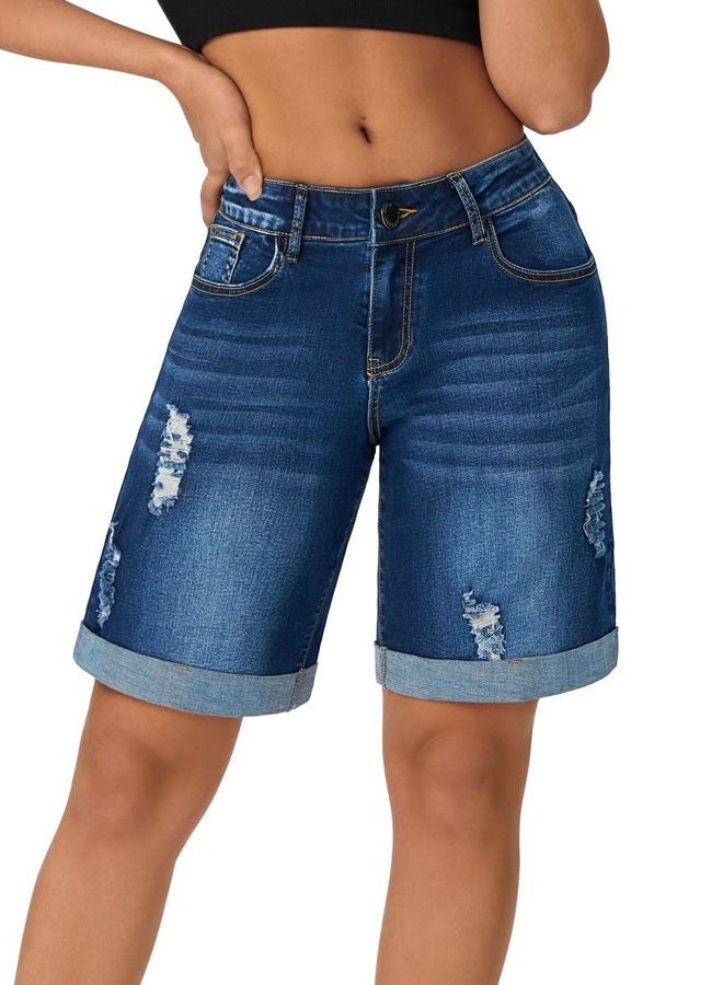 roswear Women's Wide Leg High Waisted Stretchy Ripped Cuffed Denim Jeans Shorts, Light Blue, L - Image 1
