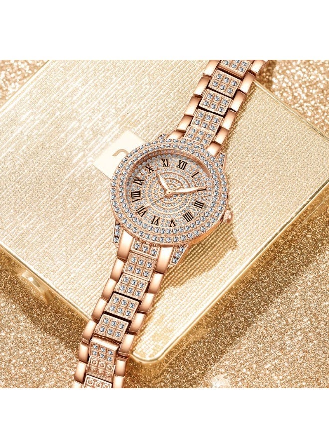 Women's Rose Gold Diamond Watch - Full Pavé Dial with Roman Numerals, 32mm Luxury Bracelet Watch for Women - Image 3
