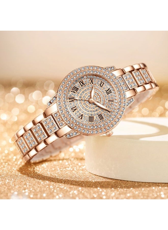 Women's Rose Gold Diamond Watch - Full Pavé Dial with Roman Numerals, 32mm Luxury Bracelet Watch for Women - Image 2