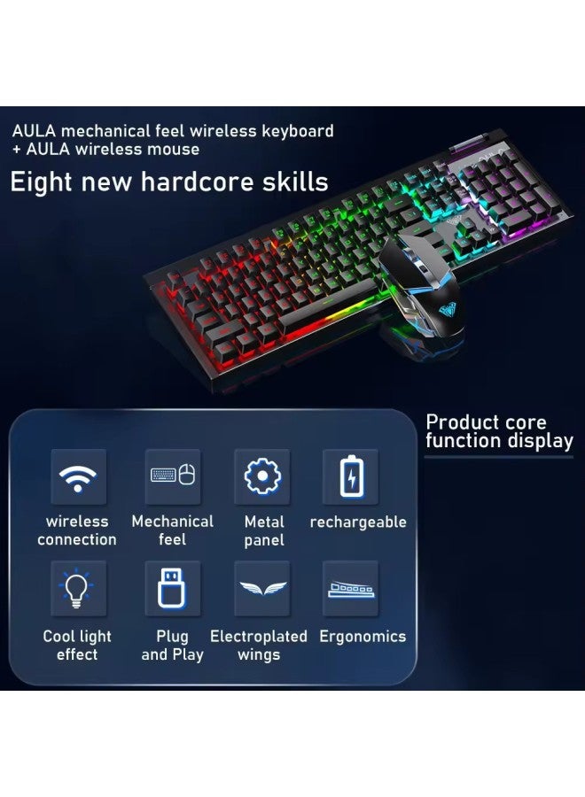 AULA/Tarantula T610 Wireless Keyboard And Mouse Suit Rechargeable Office Home Game E-sports Keyboard And Mouse Cross-border-Specifications:Silver Black Colorful Light  - Image 3