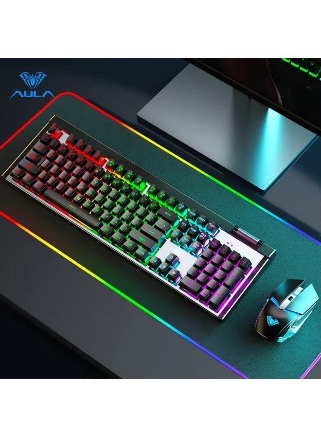 AULA/Tarantula T610 Wireless Keyboard And Mouse Suit Rechargeable Office Home Game E-sports Keyboard And Mouse Cross-border-Specifications:Silver Black Colorful Light  - Image 1