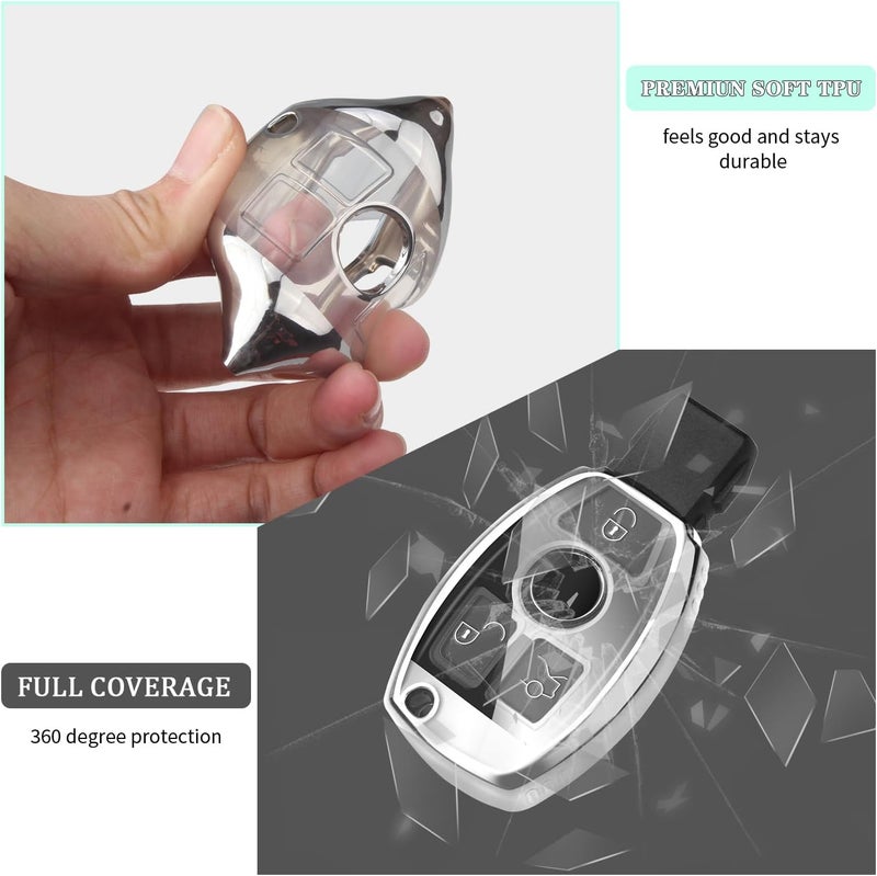 FT FUNTOR Mercedes Key Cover with Keychain - TPU, 3 Buttons, D-Silvery - Image 4