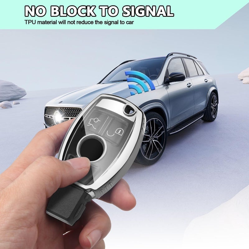 FT FUNTOR Mercedes Key Cover with Keychain - TPU, 3 Buttons, D-Silvery - Image 3
