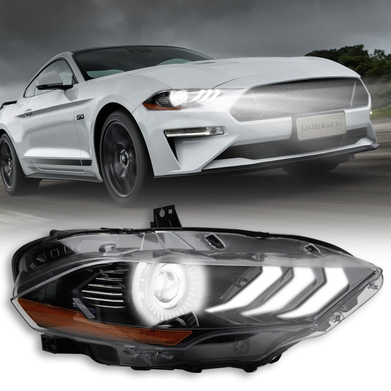 LitMiRaCle Ford Mustang 20182022 LED Headlight Assembly with DRL OEM Style with Amber Reflector Passenger Side