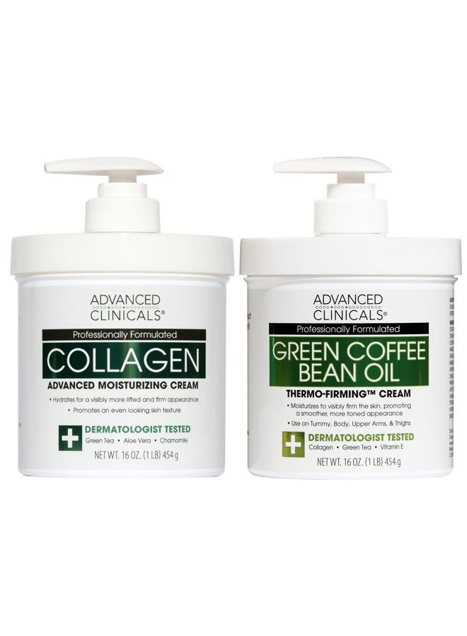 Advanced Clinicals Unscented Collagen Body Cream & Face Moisturizer + Green Coffee Bean Oil Thermo - Firming Body Cream For Women & Men Helps Reduce Appearance Of Cellulite Prone Skin & Dry Skin, 2pc - Image 1