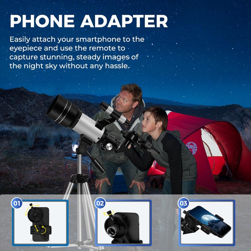 ESAKO Telescope for Beginners & Adults, 70mm Portable Beginner Telescopes with 3 Eyepieces, Height Adjustable Tripod & Phone Adapter - Image 5