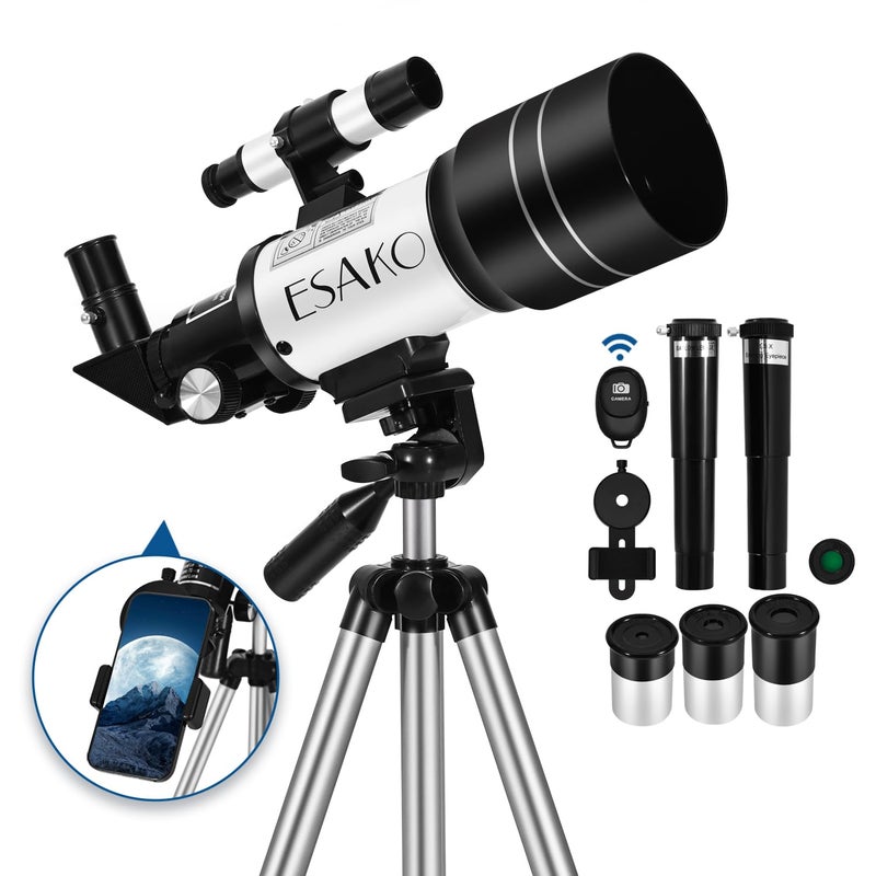 ESAKO Telescope for Beginners & Adults, 70mm Portable Beginner Telescopes with 3 Eyepieces, Height Adjustable Tripod & Phone Adapter - Image 1