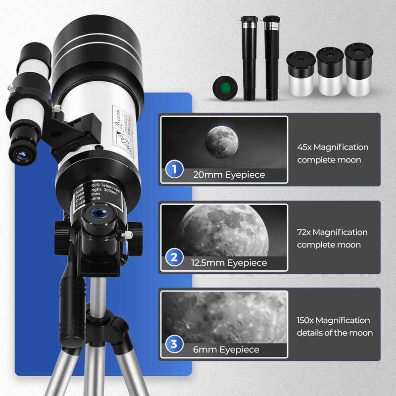 ESAKO Telescope for Beginners & Adults, 70mm Portable Beginner Telescopes with 3 Eyepieces, Height Adjustable Tripod & Phone Adapter - Image 4