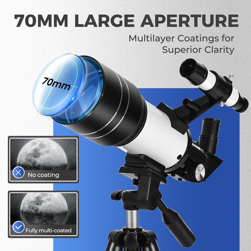 ESAKO Telescope for Beginners & Adults, 70mm Portable Beginner Telescopes with 3 Eyepieces, Height Adjustable Tripod & Phone Adapter - Image 2