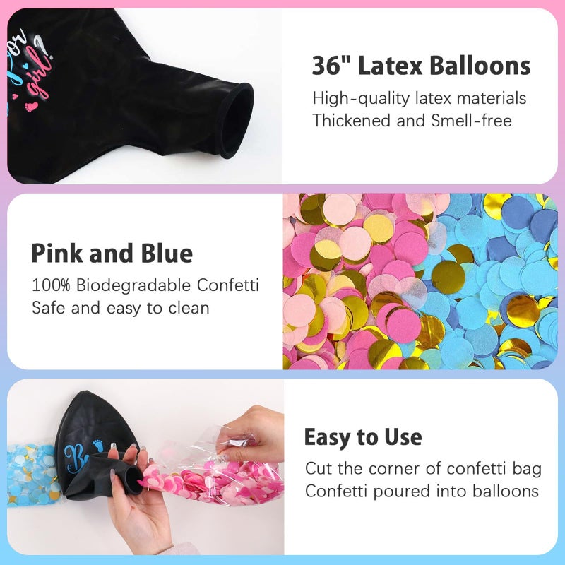 Patimate Large Gender Reveal Balloons - 2pcs 36 Inch Black Boy or Girl Balloon with Pink and Blue Confetti for Baby Shower Gender Reveal Ideas Party Decorations - Image 4