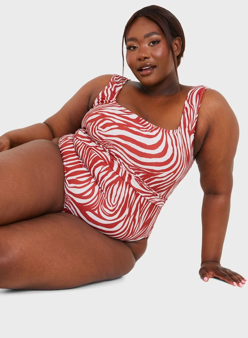 In The Style Curve Printed Tie Detail Swimsuit