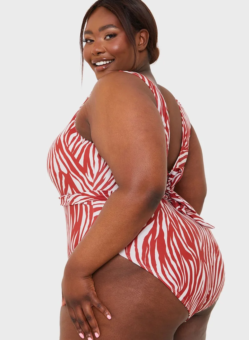 In The Style Curve Printed Tie Detail Swimsuit
