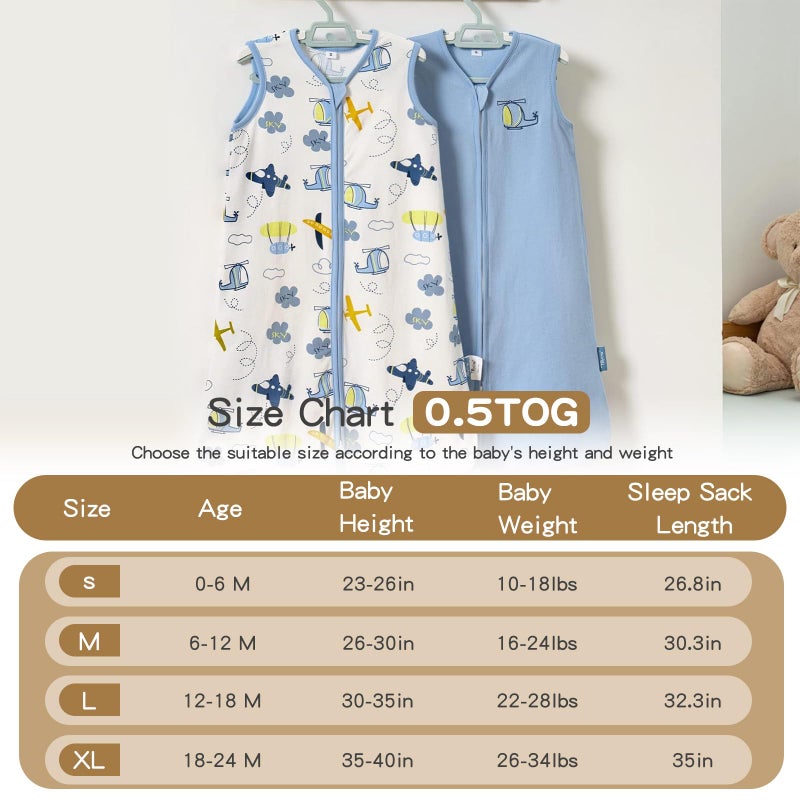 TILLYOU 2 Pack Infant Sleep Sack 0-6 Months 100% Cotton Wearable Blanket 0.5 TOG Sleeveless Summer Sleep Sacks with 2-Way Zipper, Sky Adventure & Sky Blue - Image 5