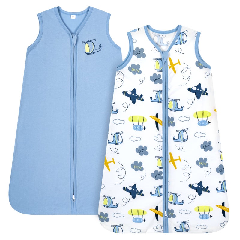 TILLYOU 2 Pack Infant Sleep Sack 0-6 Months 100% Cotton Wearable Blanket 0.5 TOG Sleeveless Summer Sleep Sacks with 2-Way Zipper, Sky Adventure & Sky Blue - Image 1