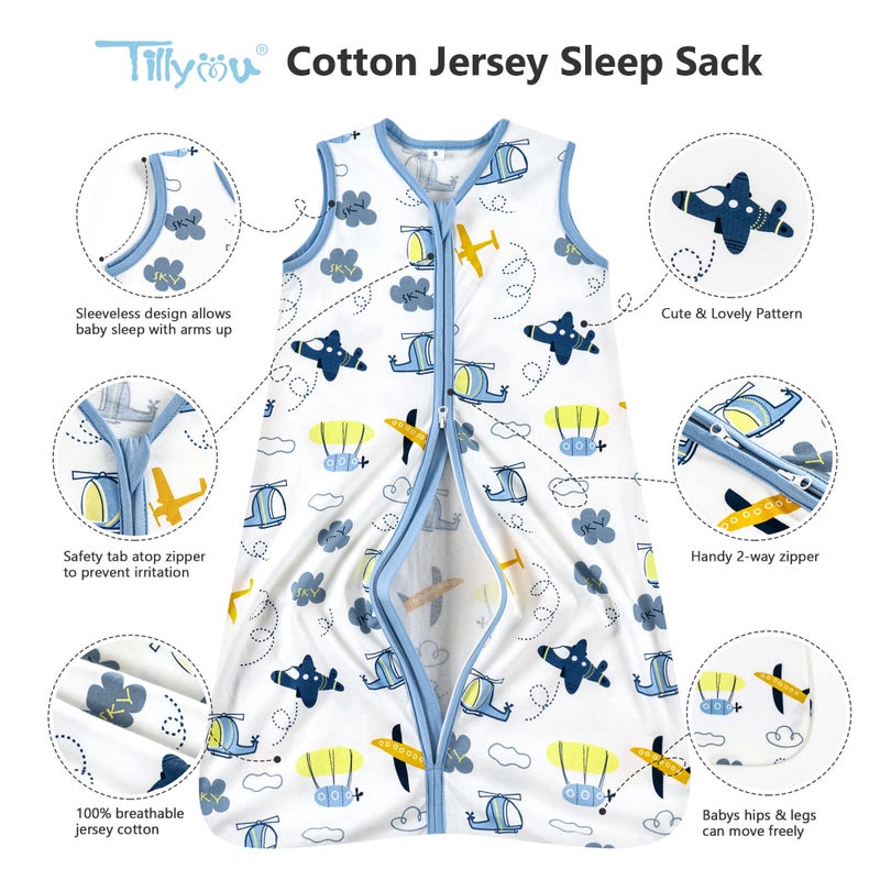 TILLYOU 2 Pack Infant Sleep Sack 0-6 Months 100% Cotton Wearable Blanket 0.5 TOG Sleeveless Summer Sleep Sacks with 2-Way Zipper, Sky Adventure & Sky Blue - Image 2