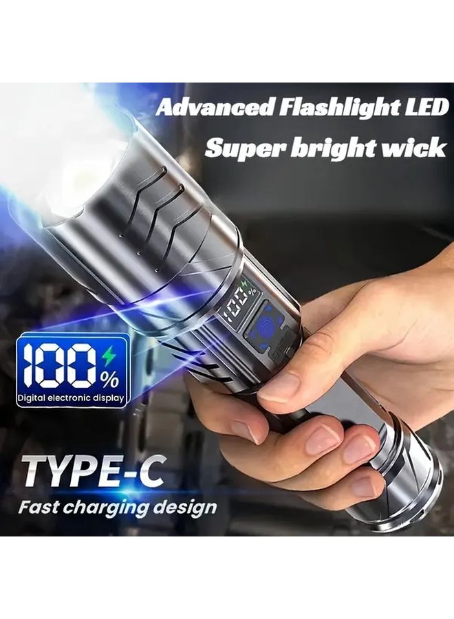 Black USB C Rechargeable Tactical LED Flashlight with Zoom and 3 Modes - Image 2