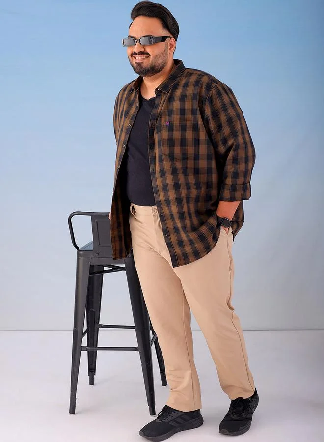 Take Two Plus Size Brown Checked Cotton Blend Shirt By Hardsoda